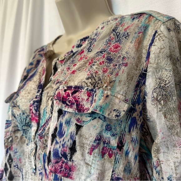 CHICO'S Cotton Top Boho Multicolor Long Sleeve Popover Shirt Women's Sz Large 2 - Picture 3 of 13